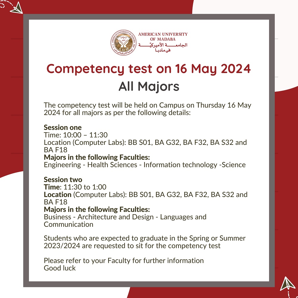 Competency Test on 16 May 2024 all majors